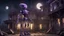 Placeholder: night scene, TALL vicious ALIEN two legged robot with purple eyes standing in the ruins of a victorian house, it hold up a toy doll and looks at it, outside the moon shines into the room