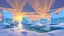 Placeholder: cartoon illustration: nature with icebergs and frozen sea, sun in the sky