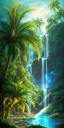 Placeholder: Triipy hawaiian rainbow turquoise neon waterfall with palm trees sparkling at night in a cave detailed realistic glowing