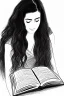 Placeholder: Pencil sketch of Young woman, Arab features,sad, long wavy hair, reading a book, full body، on lined paper