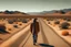 Placeholder: man in the desert places, warm colors, on holiday, near a road