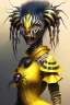 Placeholder: Artist Jean-Baptiste Monge style. A humanoid biomorph Zebra-Spider faced woman. Yellow eyes. A yellow striped ress, covered with spider legs.