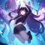 Placeholder: Clear focus,High resolution, Black long straight hair, and purple eyes, wearing shorts,with stocking, with long boots on, Happy, Jumping