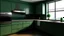 Placeholder: kitchen with dark green furniturel, on the left side next to the window there is a microwave and oven installed in the furniture, and on the right side 5 cm from the induction hob and a kitchen hood above it,