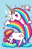 Placeholder: kids illustration, a cute unicorn playing and rainbow in background, cartoon style, thick line, low details, vivid color