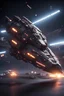 Placeholder: spaceship like raft in space, tilt-shift lens 8k, high detail, smooth render, looks like a dark twisted alien space ship with spotlights, down-light, unreal engine, prize winning