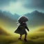 Placeholder: thick oil paint of a tiny little character with long hair a grey hood covering face and a grey cloak side-running up a green grass hill, rimlight, profile, silhoutte, flare, colorful, joyful, bright, epic, realistic, detailed, sky in the background, happy pose, more colors, dragon flying over the mountains, leather boots