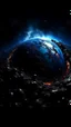 Placeholder: Intense cold dark blue planet behind Earth view from a distance, Hole apocalypse wipes out Universe. Cold blue cloudy hole collision explodes in outer space.a shape of devilish dark body with hood in the hole like sucked in side Epic galaxy with growing black hole. Cinematic interstellar