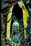 Placeholder: ,Digital illustration of horror genre comic book cover from the 1980s, giant larger than life skeleton picks up tiny humans as they try to run away from inside the cave, macabre, gorey, 1970 illustration art style, absurdist, conye.color pencils, ink, counter culture, dystopian, retro futuris. 90s riot girl look, punk aesthetics, collage, psychedelic, grime, textured, mixed media with a british pop culture influence, maximalism, feminist icon,