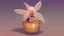 Placeholder: Fantasy style illustration: one small, cheerful fairy with golden hair, sitting in a small magical basket