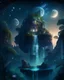 Placeholder: Mystical floating island with a lush garden, ancient ruins, and a cascading waterfall, under a starry twilight sky.