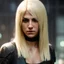 Placeholder: Photorealistic headshot of a beautiful fierce blonde assassin cyberpunk dynamic pose