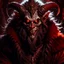 Placeholder: A dark fantasy illustration of Krampus, the legendary horned Christmas demon, staring intensely at the viewer with piercing amber eyes and a wicked, toothy grin. His muscular form is draped in a tattered crimson coat with grimy white fur trim and a flowing black cloak that billows dramatically behind him, while his gnarled, claw-tipped hands hold open an ominous black Santa sack as if beckoning the viewer inside. Curved ram-like horns spiral upward from his head, adorned with small brass bells t
