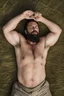 Placeholder: close up, aerial top view shot photography of an ugly 41 year old beefy big robust burly italian carpenter , relaxing in the meadow, , hands behind the head , wearing bulging shorts, shirtless, hairy chest, serious, very virile, short beard, shaved hair,, , in a sunny day, photorealistic , photorealistic