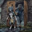 Placeholder: fantasy digital art of young anthro wolf kicked out of the house, she have gray hairy wolf body , paw, and wears just a short canvas rag around her waist , sadly face in the rain , behind her an tall angry anthro dark hairy wolf man and kicks her out the door with his foot, behind in rustic halb open door in an massive wooden house, deep colors, rainy day, detailed, anthropomorphic creatures, fantasy, sci-fi mood