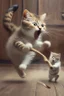 Placeholder: mother cat wearing an aprin using a wooden spoon to chase a baby cat