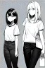 Placeholder: two girls dressed in jeans and a T-shirt walk in the city, line arts, greyscale