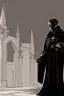 Placeholder: cardinal priest, reading, shadow, silhouette, gray background, medieval, illustration,