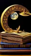 Placeholder: Circle upstairs of antique books going to a falling moon, diorama in they style of moebius