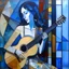 Placeholder: Highly detailed abstract (fresco) or (stained glass mural) of Madonna Joan Baez with large blue guitar, by (Picasso), Blue Period, and Dali. The (rough stone or glass texture) is showing through the paint. ((Muted colors)), [[dramatic lighting]]. [Short brush strokes], [expressive brush strokes]. [Paint texture]. Canvas texture. Art history, Google images, 4k. (Simplified background). Spiritual, religious. Sunlight streaming in from behind glass.