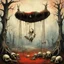 Placeholder: surreal creepy playground, possessed evil giant bone playground swing set with seats very high off ground, by Zdzislaw Beksinski, pagan goat skulls and pagan symbology, creeping red moss dripping off the old creaking bone swing structure, weirdcore, horror watercolor illustration, horror poster art,