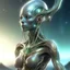 Placeholder: gorgeous female humanoid alien, slender muscular warrior, looking over shoulder at the sky, tentacles, coper zinc orichalcum jewelry and piercings, beautiful face, mesmerizing starry eyes, smooth translucent skin, hourglass, size DD.