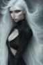 Placeholder: A beautiful young woman with long white hair and blue eyes, pale skin with opal freckles. Wearing a black dress