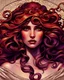 Placeholder: Tile hair, flaming lips, eyes seeking eternity, leader of the witch community, coppery tresses tumbled about her face, tremendous facial anatomy, meaningful beautiful brown eyes, wavy purplish hair, one third rule, trending on top of Art station, by Alphonse Mucha"