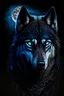 Placeholder: Portrait of an all black wolf with steel blue eyes a Scar on its chest in the shape of the crescent moon