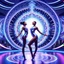 Placeholder: A mesmerizing, 3D, fractal recursive artwork of dancer girls wearing sleek, futuristic clothing. They move gracefully within a shimmering, magical cityscape, a swirling vortex of neon lights and holographic projections. The city appears to be an intricate, self-repeating fractal pattern, with impossible geometries and floating structures.