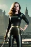 Placeholder: retro portrait image from 1960, city background, wind, long hair, young Scarlett Johansson, classic black tight lycra suit, metal stick weapon, gold bracelet and belt, high heel boots, soft color, highly detailed, unreal engine 5, ray tracing, RTX, lumen lighting, ultra detail, volumetric lighting, 3d, finely drawn, high definition, high resolution.