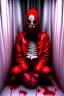 Placeholder: A scary gothic person sits quietly in the middle of a soundproof, padded room conveying intense dramatic emotions in a muted environment, wearing a bright red straitjacket , a mask to cover the mouth area of cannibal evil scary, dark and gothic look, cold eyes, eary ultra detailed,.32k, digital art style with messy paint, hardened sealer appearance, impasto, dramatic Arial view with explosive chaotic background