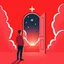 Placeholder: Man standing in front of an open door leading to the stars, symbolizing hope and new beginnings. The artwork features a red color scheme, simple illustration, vector art style, flat design and a bright, colorful 2D background. This professional illustration is in the style of Mandy Disher, with soft gradients and soft colors, and is high resolution.