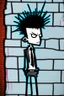 Placeholder: 2d drawing of a stickman, cool with punk hair, x eyes like in hangman, smart suit, leaning against a wall,3d realistic in colour