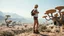 Placeholder: A photorealistic image of a slender 60-year-old woman, in brown shorts, a shirt and boots, with a backpack, standing on a hill looking down on an empty futuristic village with low flat alien buildings with trees and fungi in clumps, right blue sky.