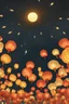 Placeholder: a hand drawing image of a lantern festival at night, with numerous orange, red, and yellow illuminated lanterns floating into the starry sky. The lanterns are of varying sizes, with a larger, bright lantern in the center acting as the focal point, surrounded by radiating light rays. The atmosphere is magical and festive, symbolizing hope and renewal,