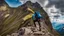 Placeholder: photo from a man falls down from a mountain with a backpack into the abyss, detalied, Professional photography, natural lighting, canon lens, shot on dslr 64 megapixels ,sharp focus