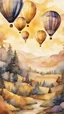 Placeholder: Hot air balloons fly in the warm yellow sky, and the annual hot air balloon feast above forest fantasy style, watercolour