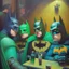 Placeholder: An oil painting of a dark universe masonic sad drunk batman cosplay convention, green batman, orange batman, cyan batman, white batman. Gopro camera.