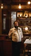 Placeholder: half figure shot photography of a 48 years old serious sicilian waiter in uniform, similar to Bud Spencer, bearded chubby man with hands in the pockets, in an empty restaurant, bulge, bullneck, manly chest, unshaved, short hair, photorealistic, dim light , side light, view from the ground