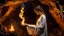 Placeholder: a sad woman with brown braid hair in profile in a scary cave, holding a flame in her palm in a white vintage long-sleeved nightgown, the inside of the cave is illuminated by the flame with yellow light,, close shot, detailed, high realistic, perfect photo, dramatic, dark fantasy