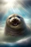 Placeholder: fluffy clouds, portrait of seal soaring like an angel through the clouds with a blessed smile, gates of heaven, 4 k, down light, depth of field, trending art, spray paint, high detail