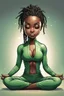 Placeholder: Create a shiny vector art painting for a chibi cartoon black female wearing a light green yoga suit sitting on the floor Indian style. She is meditating with her eyes closed. Prominent make up . Highly detailed dreadlocks
