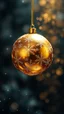 Placeholder: a shiny golden Christmas ball hovering in the air, creating a festive atmosphere. The ball is adorned with snowflakes, giving it an enchanting appearance. As the ball floats in the air, it leaves a trail of glitters and little snowflakes behind, holiday spirit, blur background with gold glitters, hig realistic, perfect shot, professional photo