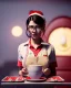 Placeholder: waitress woman with Sesame Street muppet big mask, concept art, retro style, smooth, unreal engine 5, god lights, ray tracing, RTX, lumen lighting, ultra detail, volumetric lighting, 3d.