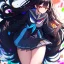 Placeholder: Clear focus, High resolution, long black fluffy hair, red eyes, chopped bangs, wearing a sailor uniform, wearing a sailor skirt, colorful, hollywood, female, human, mortal, thin legs, no outlines, extreme close up