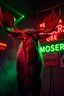 Placeholder: An big female moose with big eyes "Veronika Moser" performing at dance club, her name is "Moser" HAIRY FRUITS EVERYWERE On stage, Green Neon lights and smog, and "VERONIKA MOSER" big sign on the wall, "DU UND ICH UND MOSER" red plate sign, Yellow warning sign with moose