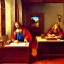 Placeholder: leonardo da vinci works in his study on a laptop at his desk. painting in photoshop. hyperdetailed, warm colors, movie poster, photoillustration, oil on canvas, lens flare