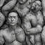 Placeholder: close up 35mm lens, top view of three gipsy prisoners 45 years old sleeping laying down inside a dirty jail, ugly, bullneck, strong beefy, in tank top, manly chest, tattoo, misery and poverty, photorealistic, ultradetailed, 32keyes