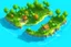 Placeholder: Make a satellite view of a small boat shaped tropical island that has jungle and fruit trees with a small mountain on one side of the island. A small stream flows through the island by a lagoon where a rock platform lay. The island is surrounded by coral reefs.